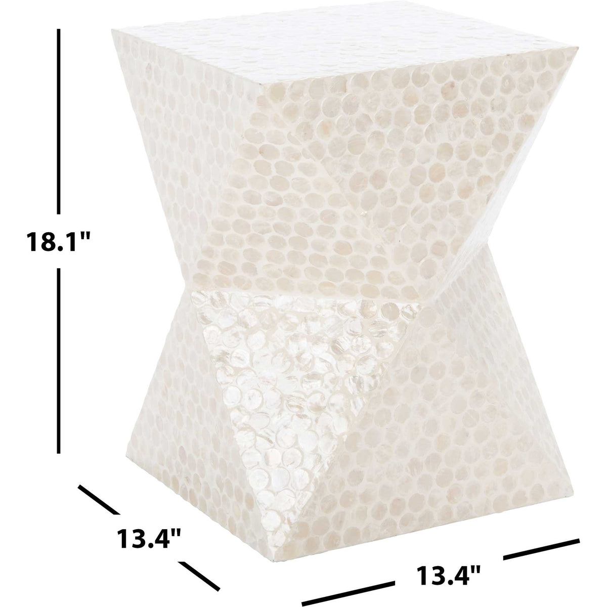 The capiz shell table measures 13.4 inches square and 18.1 inches tall.