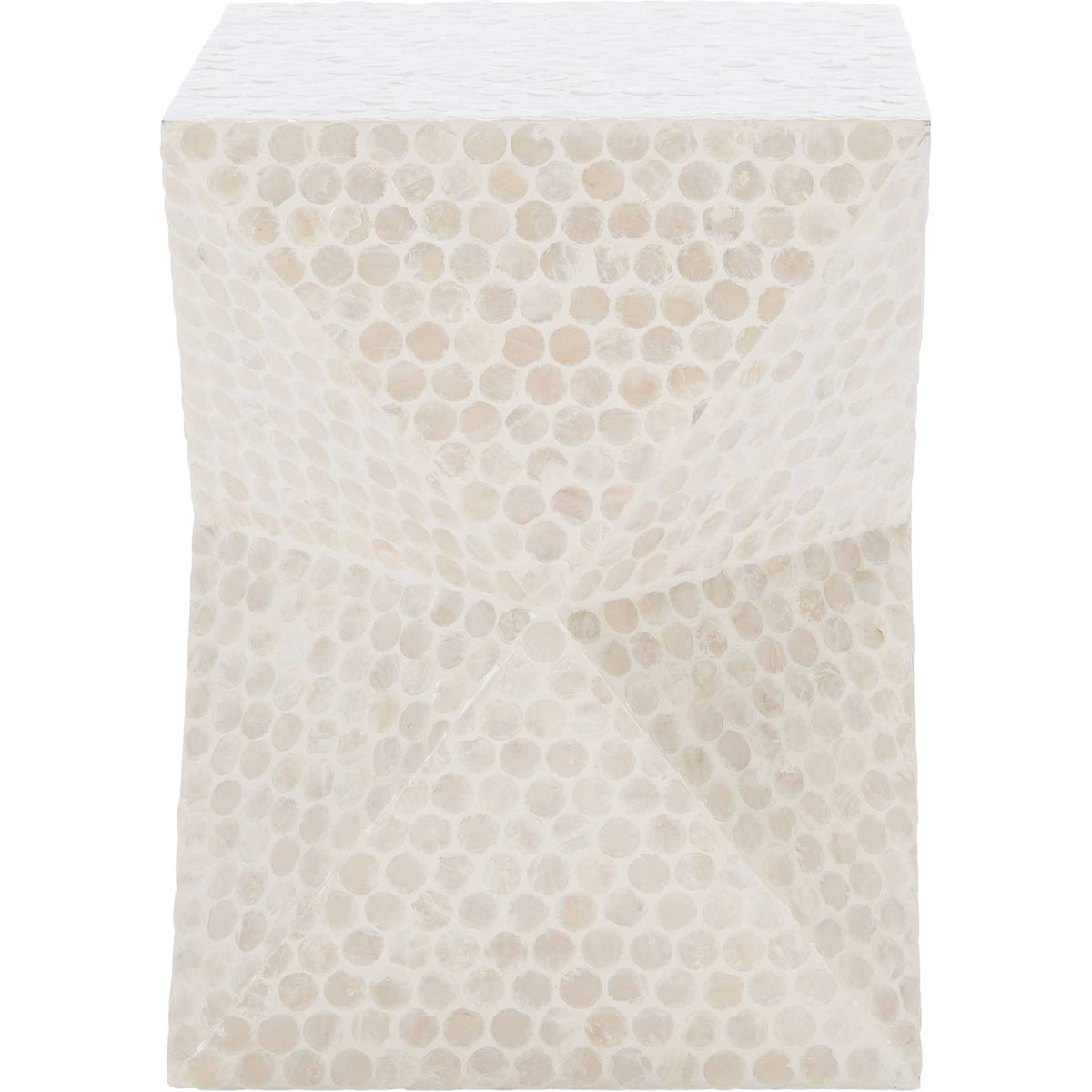 Geometric facets intersect at the waist of this ivory capiz shell accent table. || ACC1802A || front_studio