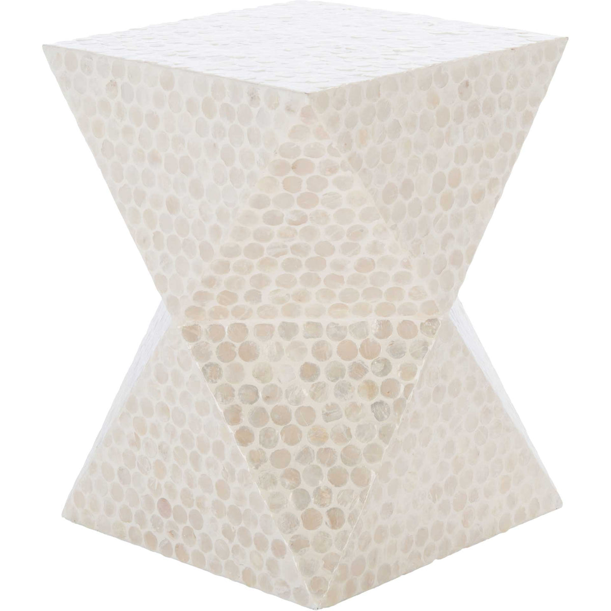 Pearly capiz shell inlay covers a sculptural hourglass table with a square top and faceted base. || ACC1802A || front_angle_studio