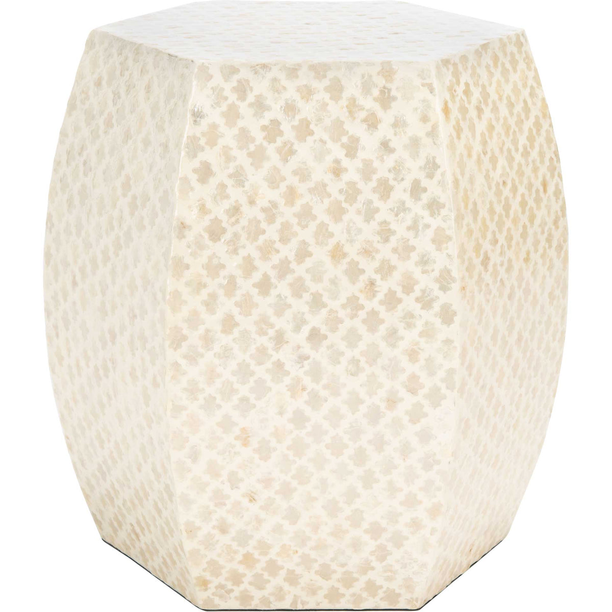 White capiz shell inlay wraps this faceted accent table in a delicate trellis pattern || ACC1803A || front_studio