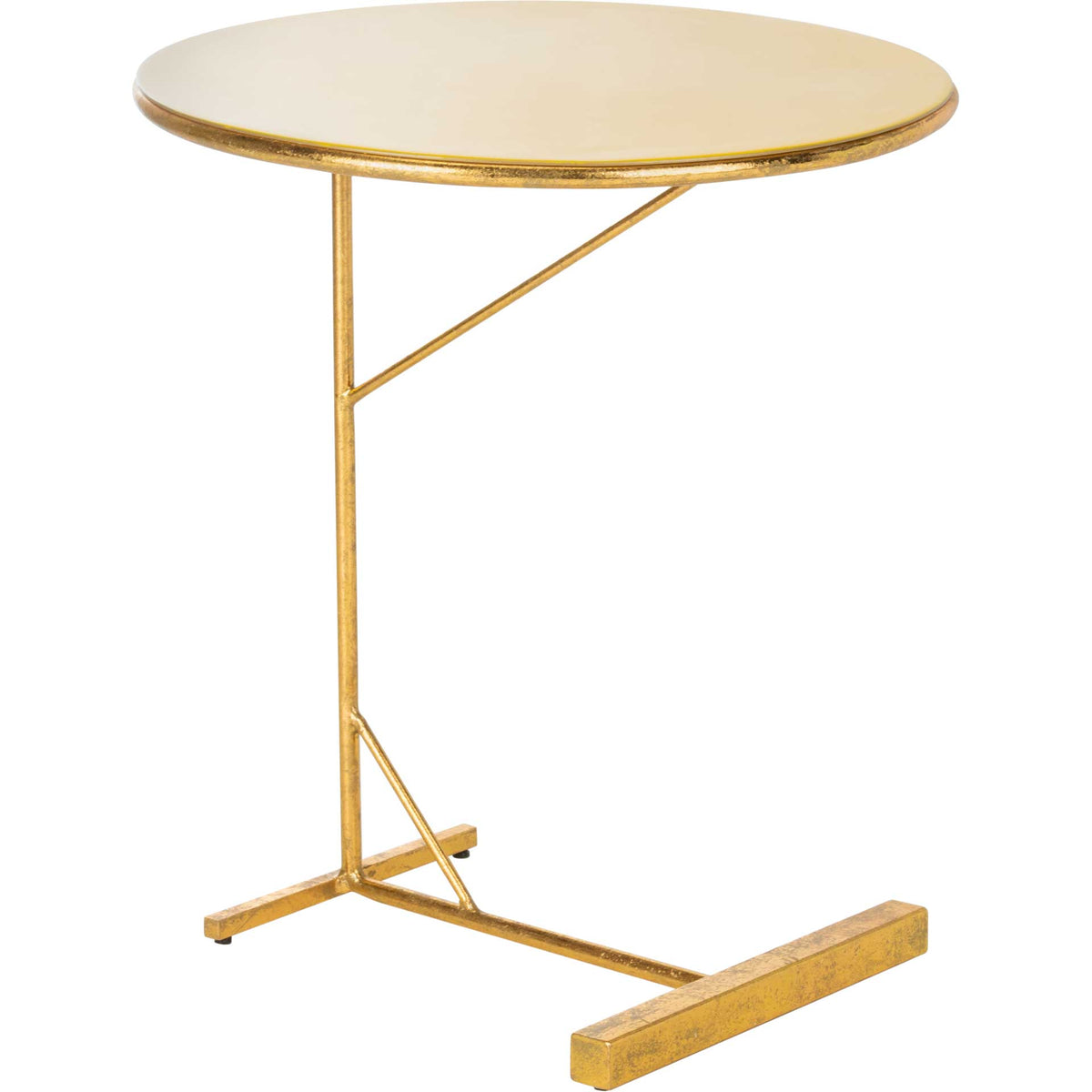 A compact yellow tabletop extends over a slim gold iron base with diagonal braces. || ACC3210A || front_angle_studio