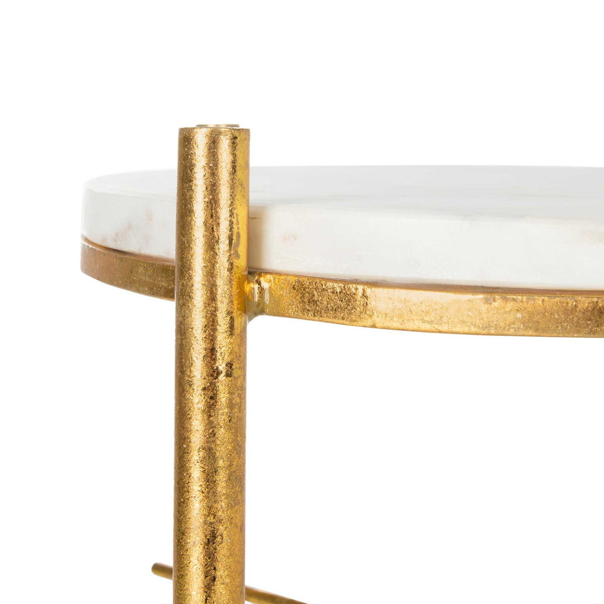 The white marble tabletop rests in a textured gold metal rim beside a slim upright.
