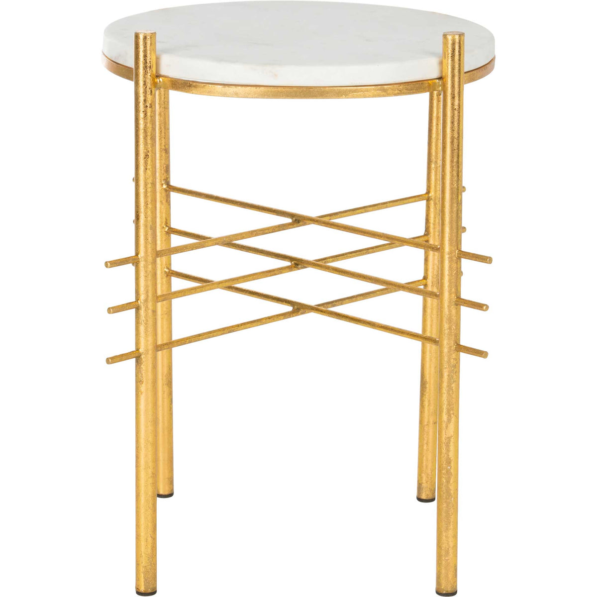 A round white marble top rests on slim gold iron legs joined by crisscrossing rails. || ACC3211A || front_studio