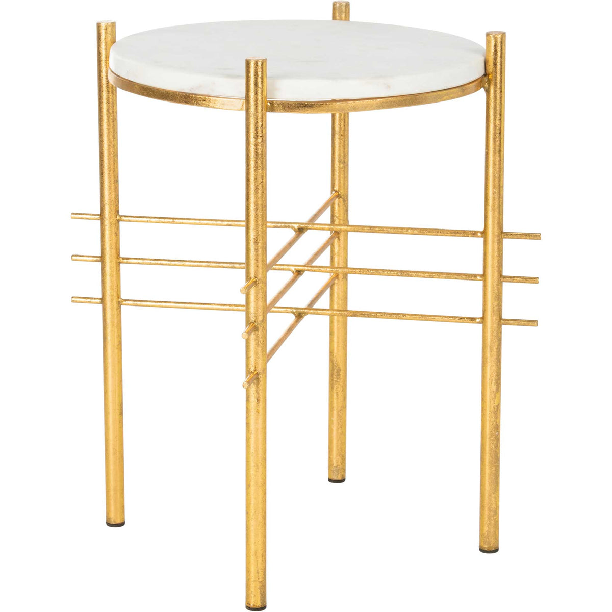 Gold iron legs and layered crossbars lend an airy geometric design to the round white marble table. || ACC3211A || side_studio