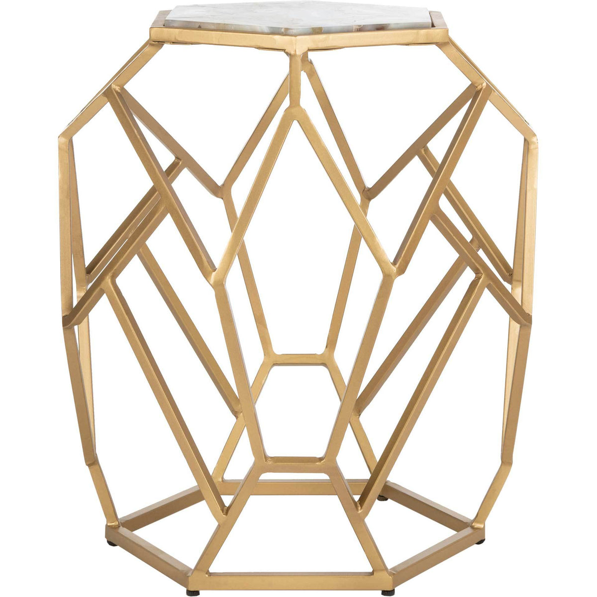 A multicolored agate top crowns a gold base of interlocking geometric shapes. || ACC3700A || front_studio