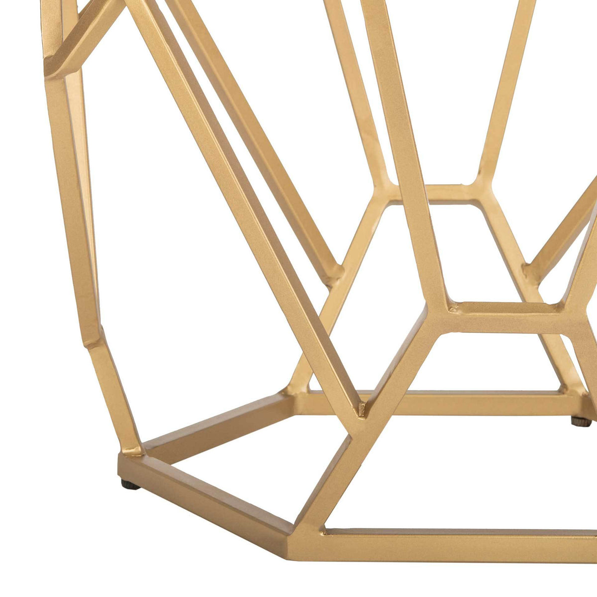 Angular gold metal supports meet at a faceted base with protective feet.