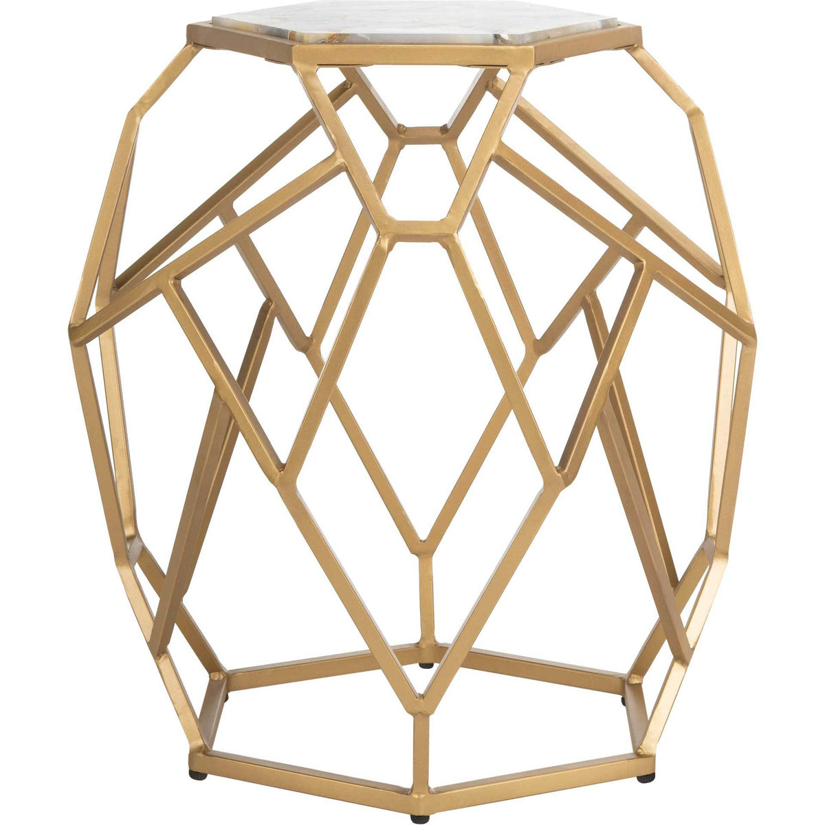 An agate tabletop rests above an airy gold frame of intersecting geometric lines. || ACC3700A || side_studio
