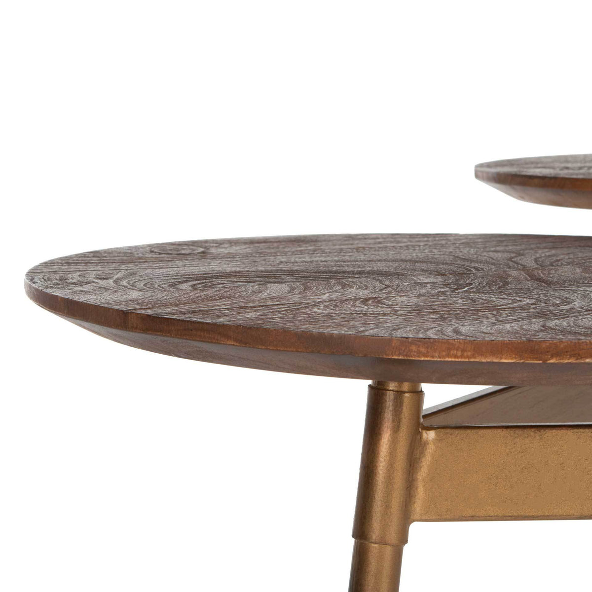 Rustic wood grain and a rounded tabletop edge contrast with the warm gold-tone metal frame.