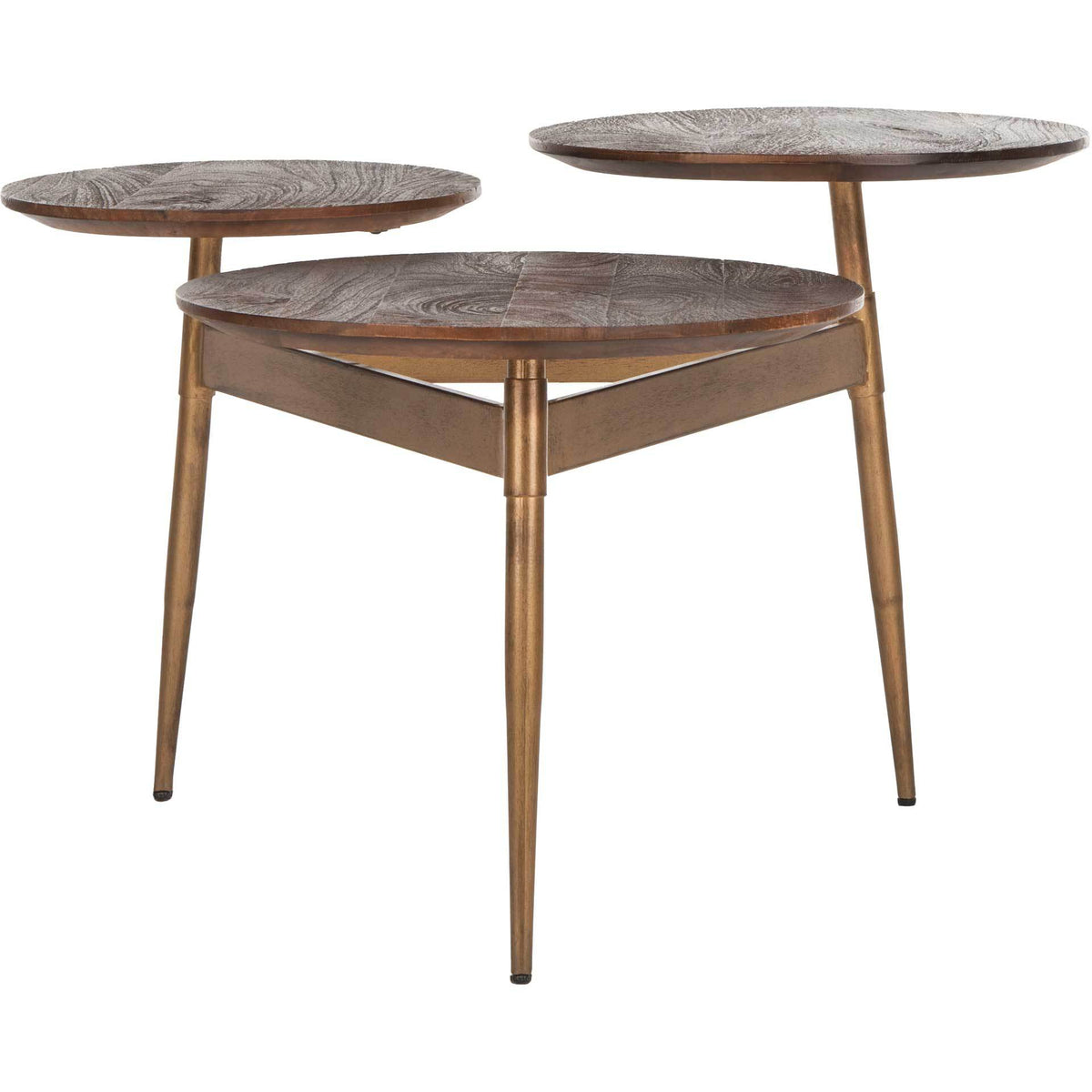 Three wood-grain tabletops at varying heights form a sculptural accent table on tapered gold-tone legs. || ACC3702A || front_studio