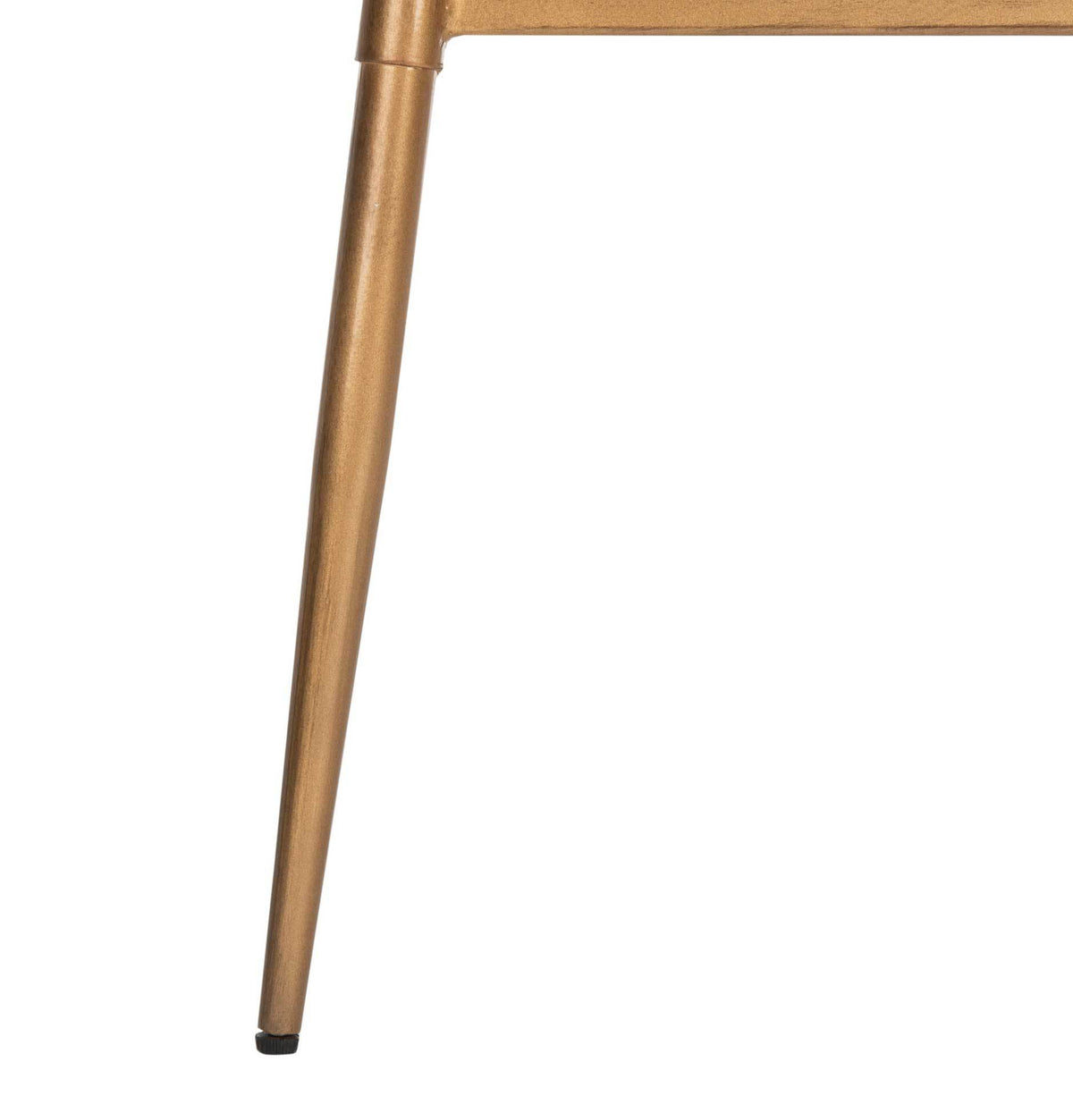 A tapered gold-tone metal leg gives the accent table its light, airy profile.