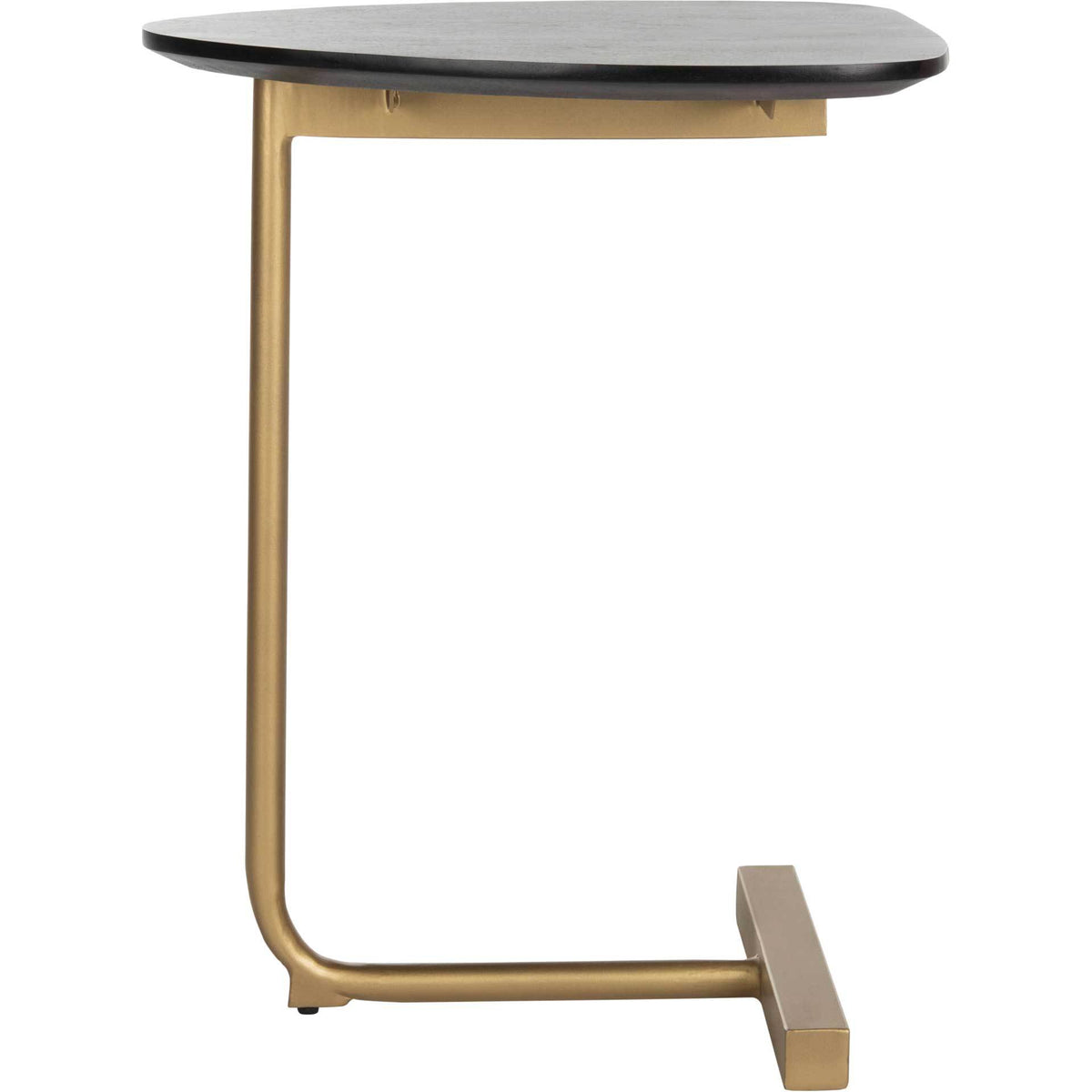 The black wood top extends over a gold metal C-shaped base designed to tuck beside seating. || ACC3703A || front_studio