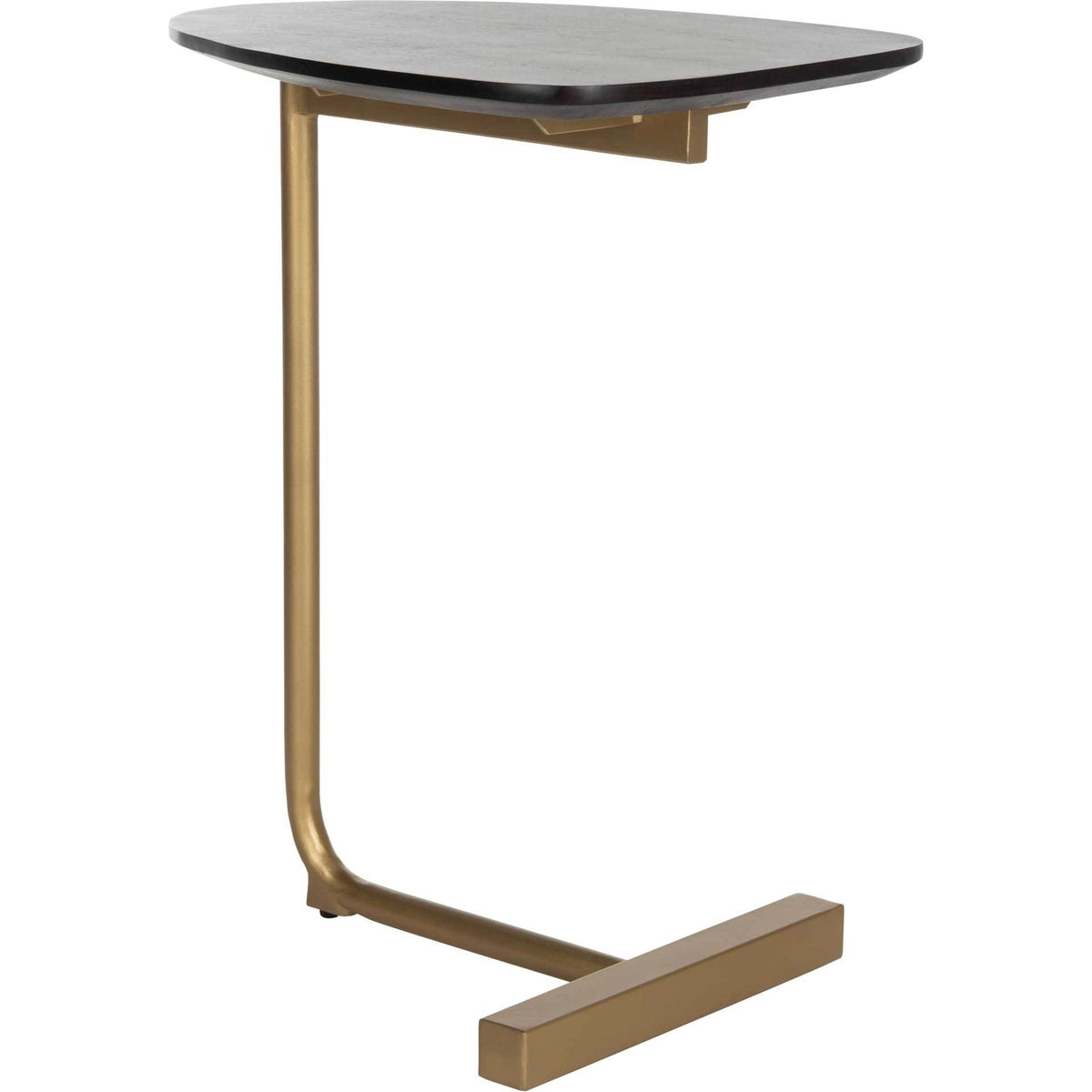 An oval black wood top floats above a slim gold C-shaped frame with an offset support. || ACC3703A || front_angle_studio