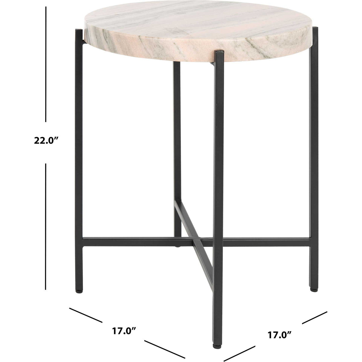 A compact round marble-topped table measures 17 inches wide and 22 inches tall on a cross-braced metal base