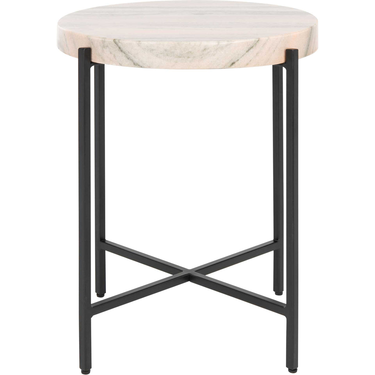 A thick round marble tabletop crowns a slim black metal frame with crisscross supports || ACC3706A || front_studio