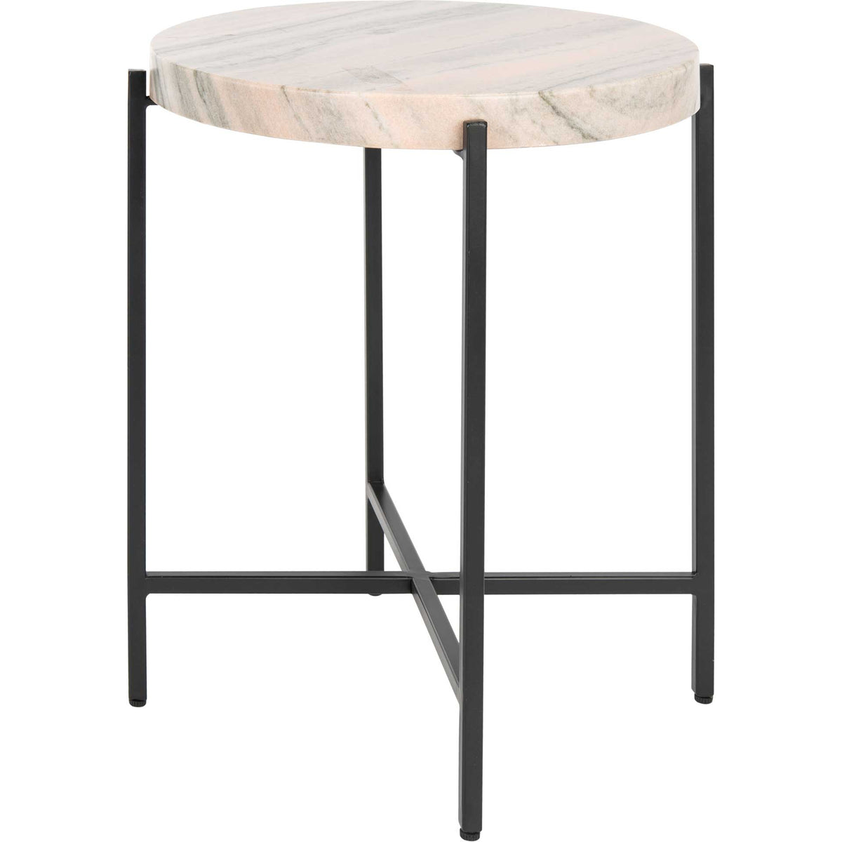 A softly veined round marble top rests on slender black metal legs with an airy cross-braced base || ACC3706A || side_studio