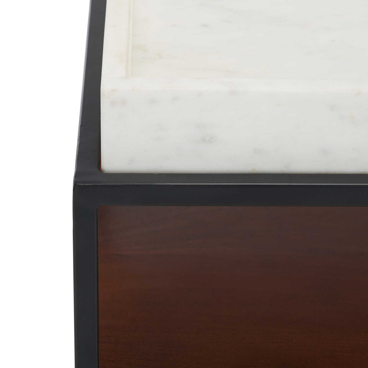 Subtle veining accents the raised marble tray above the walnut shelf and black metal trim.