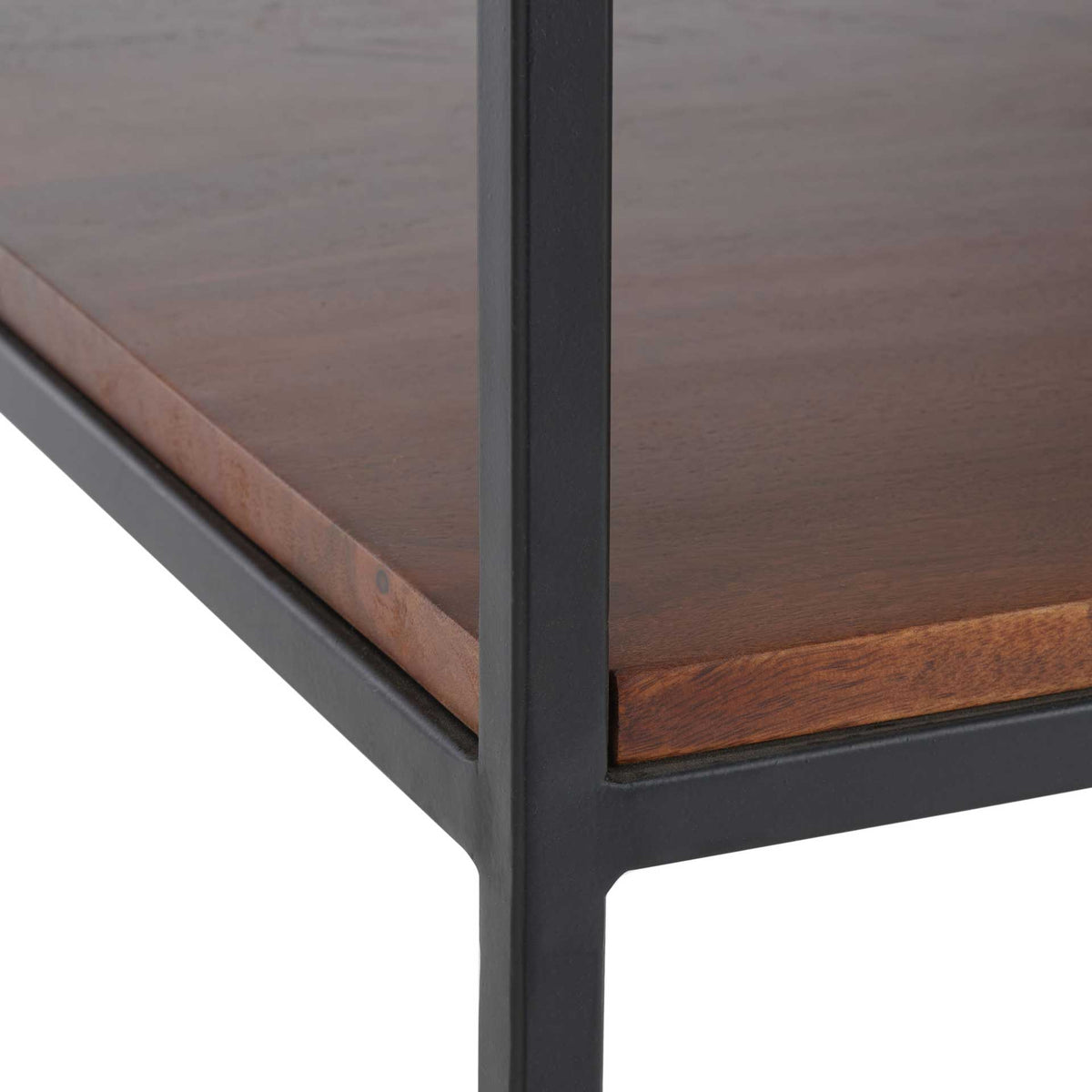 A walnut shelf with warm wood grain fits neatly into the slender black metal frame.