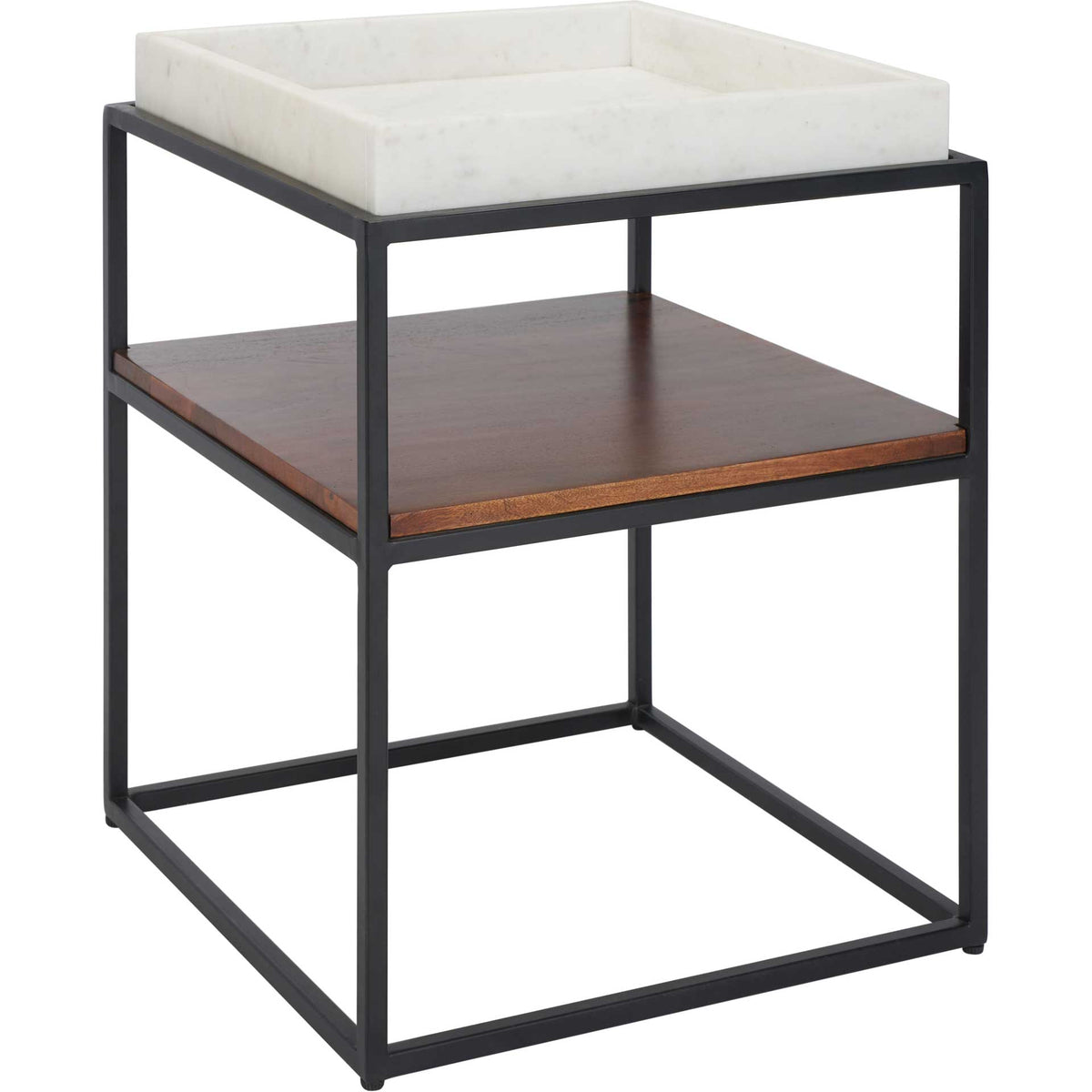 Open black metal framing highlights a white marble tray and richly toned walnut shelf. || ACC3709A || front_angle_studio