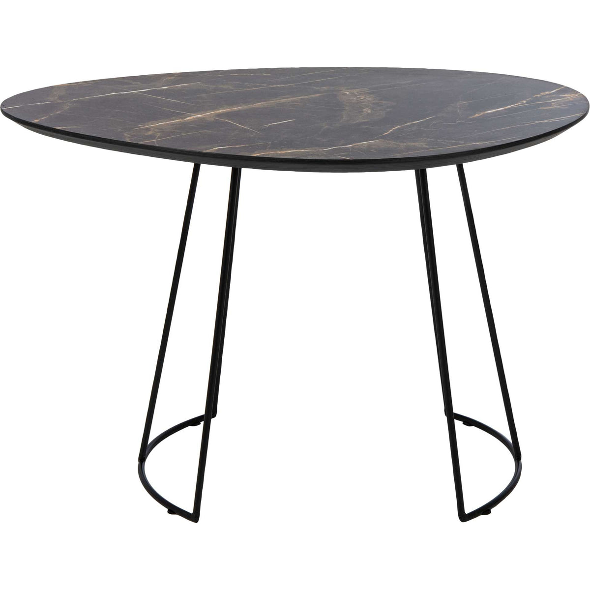 Curved dark tabletop with golden veins stands on a sculptural black iron base. || ACC4200A || front_studio