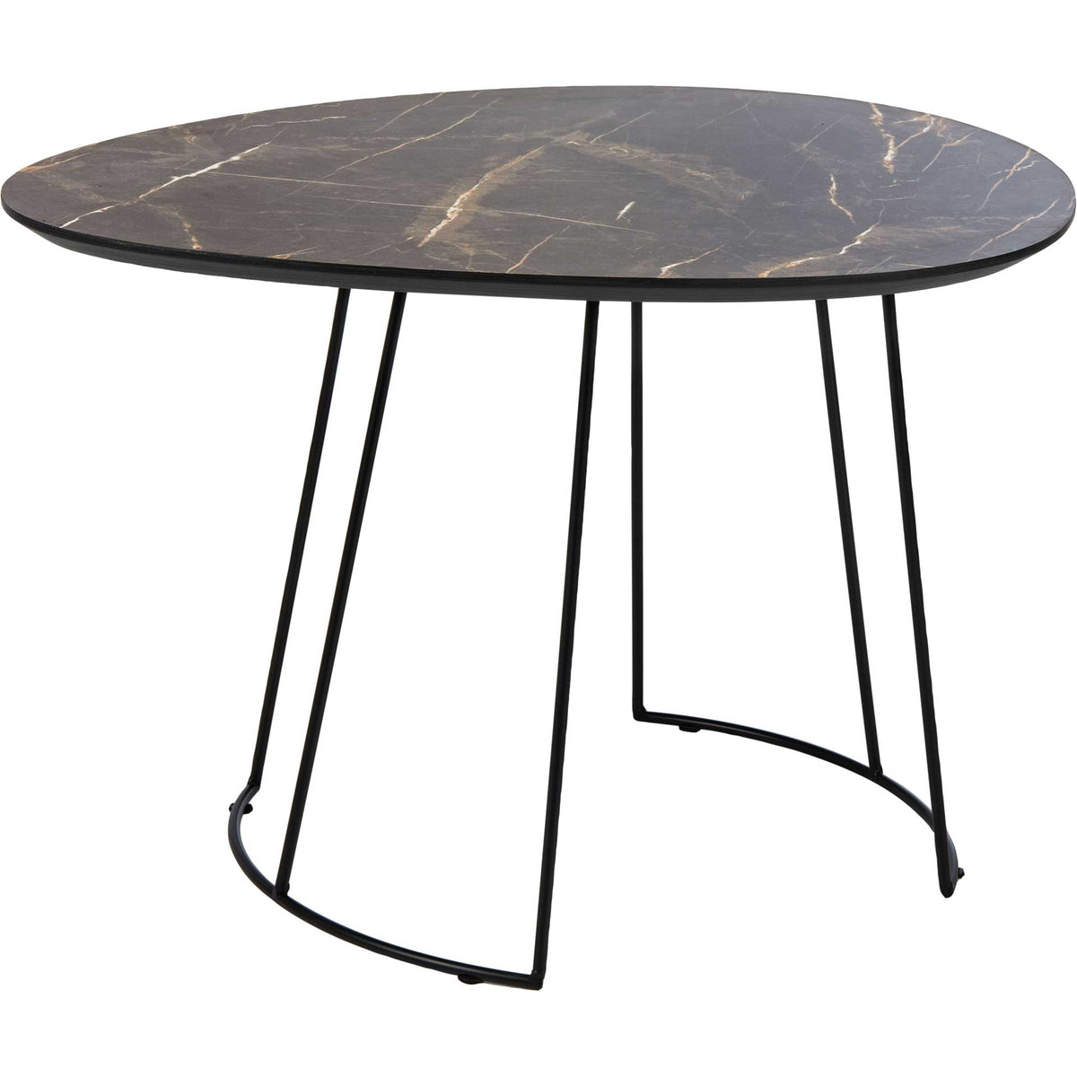 A dark stone-look top with pale veining rests on thin, flared black iron legs. || ACC4200A || front_angle_studio