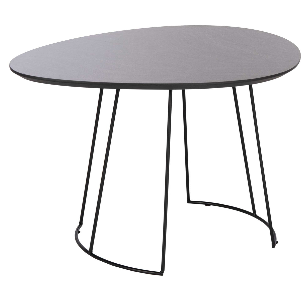 A gently rounded dark gray tabletop rests on flared black iron legs and curved base rails. || ACC4200B || front_angle_studio