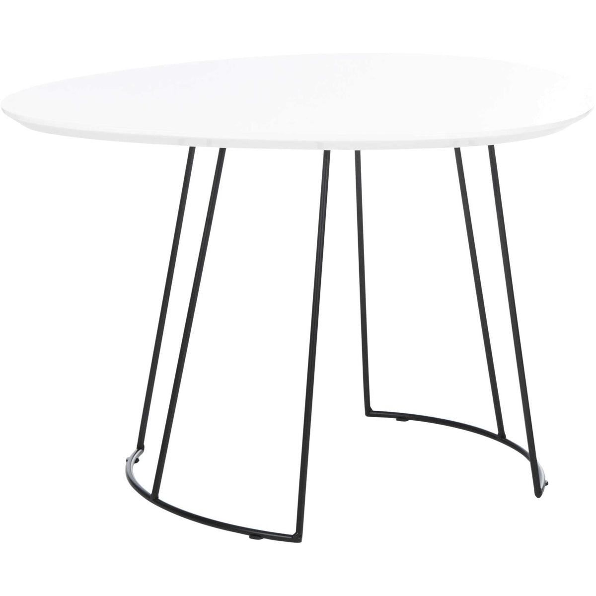 A smooth white tabletop rests on flared black iron supports with gently curved rails. || ACC4200C || front_angle_studio