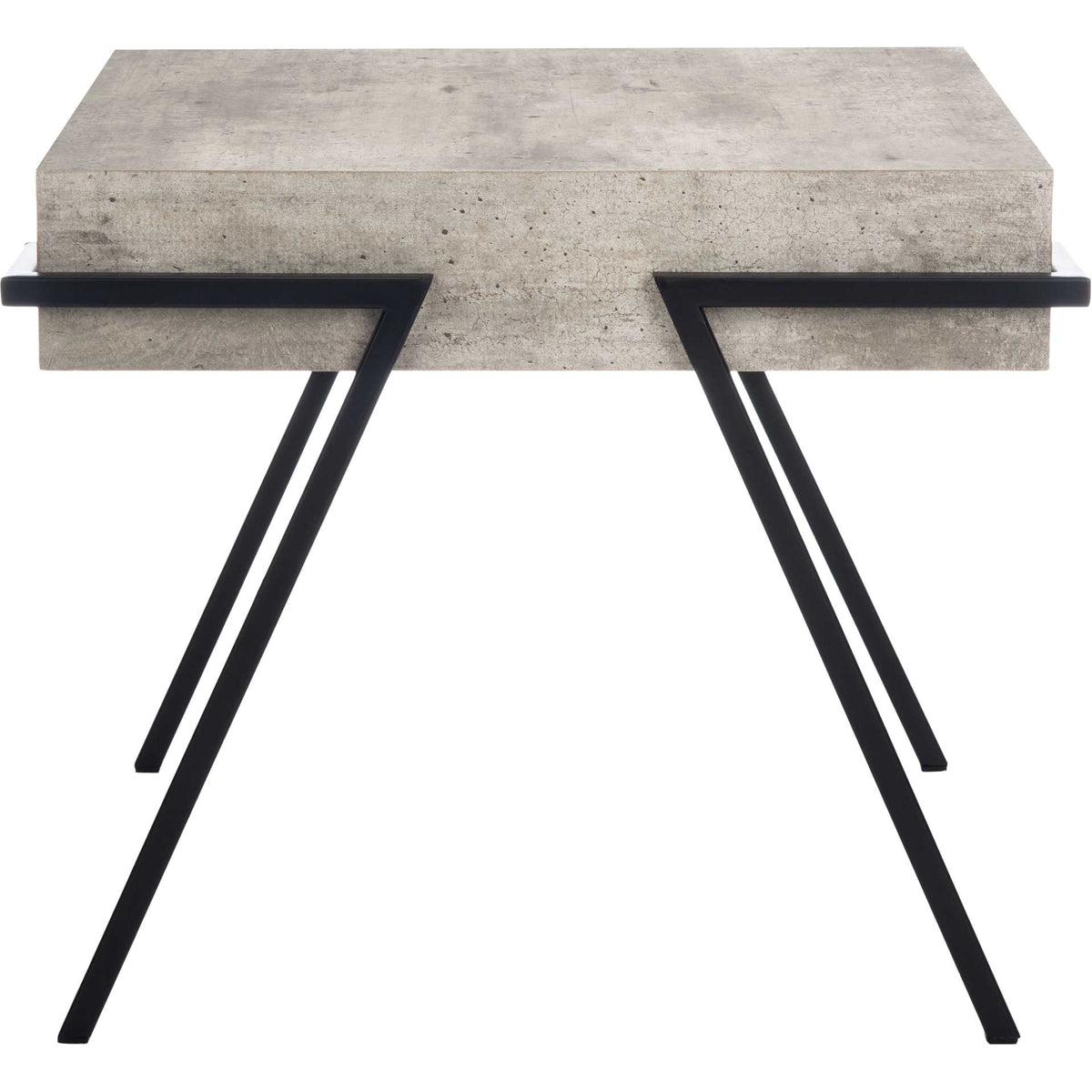 A thick, light gray tabletop and splayed black iron legs give this square accent table industrial appeal. || ACC4201A || front_studio