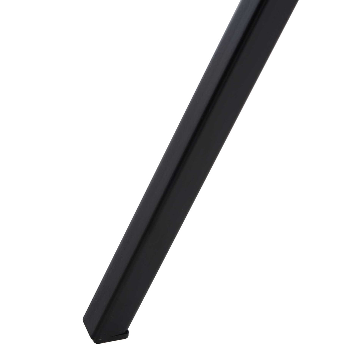 A slim black iron leg slants toward the floor and ends in a neatly finished foot.