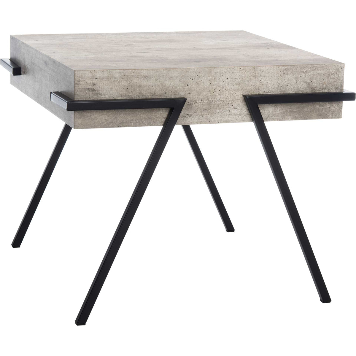 A mottled gray tabletop rests on angular black iron legs, blending rustic texture with an open base. || ACC4201A || front_angle_studio