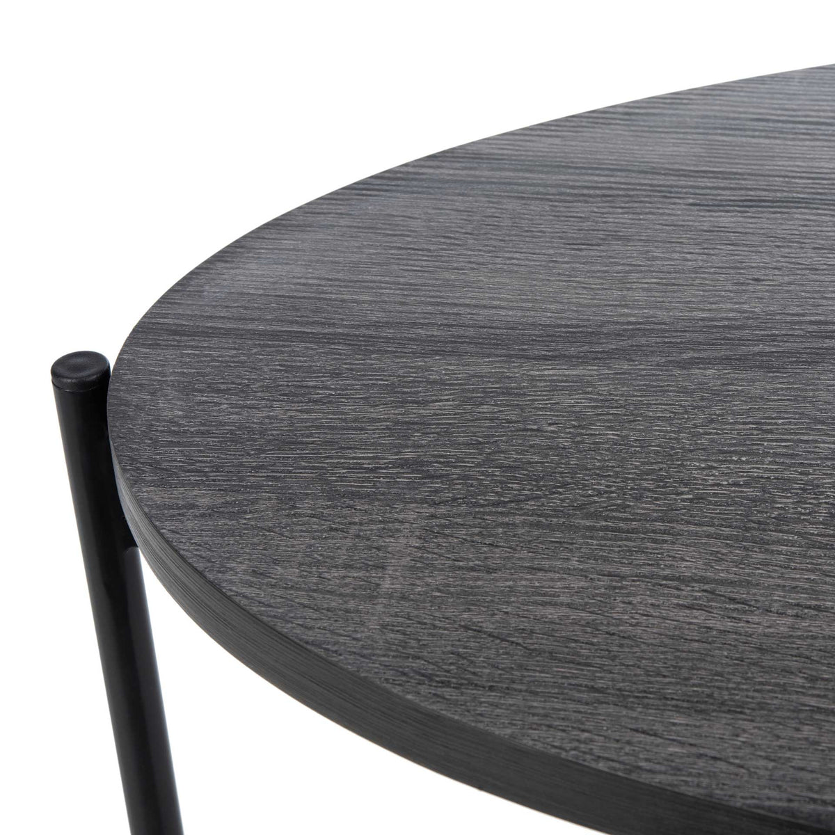 Fine dark gray wood grain and a softly curved tabletop edge create a sleek modern accent