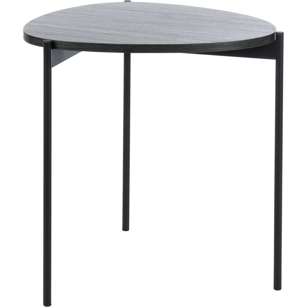 Softly curved dark gray tabletop rests on three clean-lined black iron legs || ACC4203A || front_studio