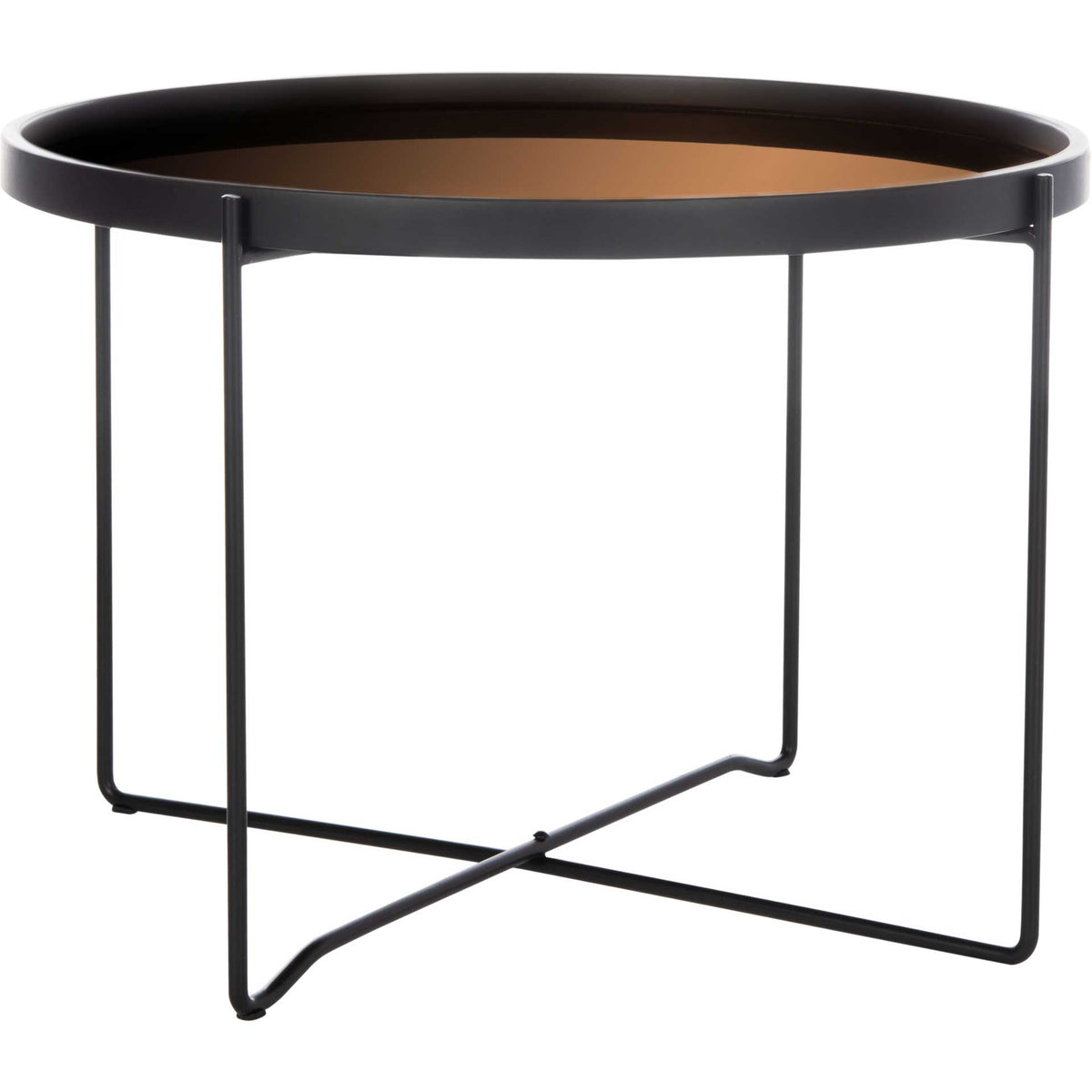A low round tray table features a rose gold glass top and an open black iron frame with crossed supports || ACC4205A || side_studio