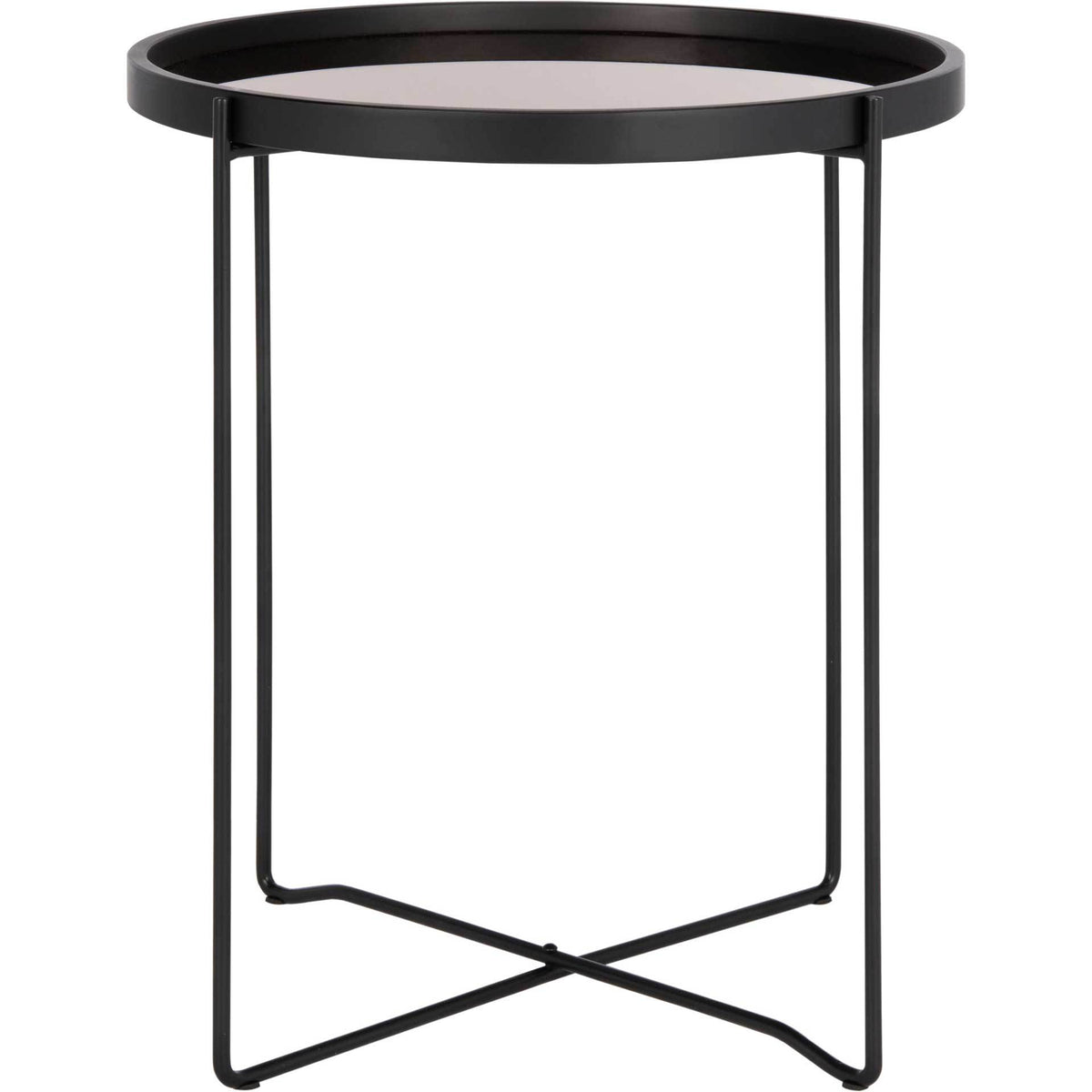 A compact round tray table combines a rose gold glass top with a black rim and slender crossed iron legs || ACC4206A || front_studio