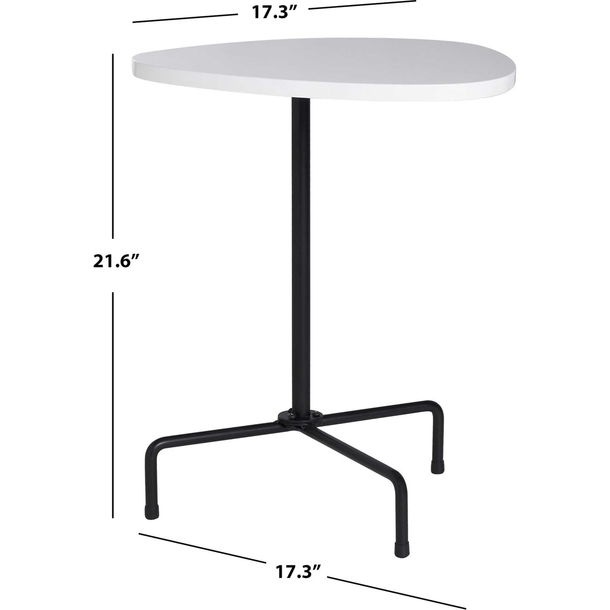 White and black side table measures 17.3 inches wide and 21.6 inches tall.