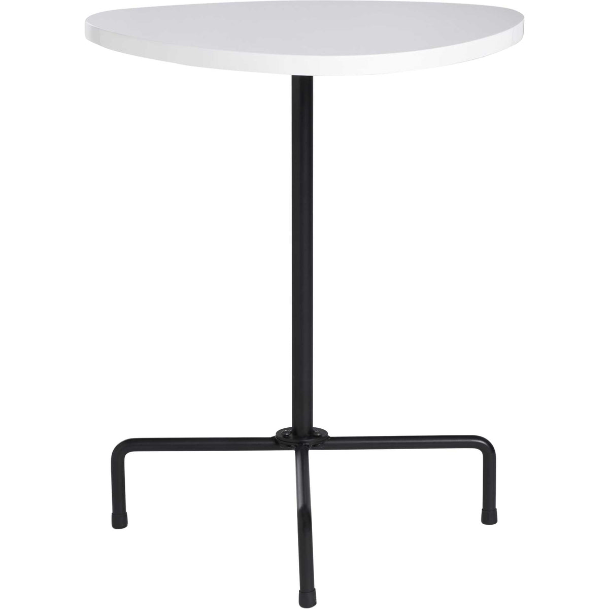 Smooth white lacquer tabletop rests on a slender black stem and three splayed legs. || ACC4207A || front_studio