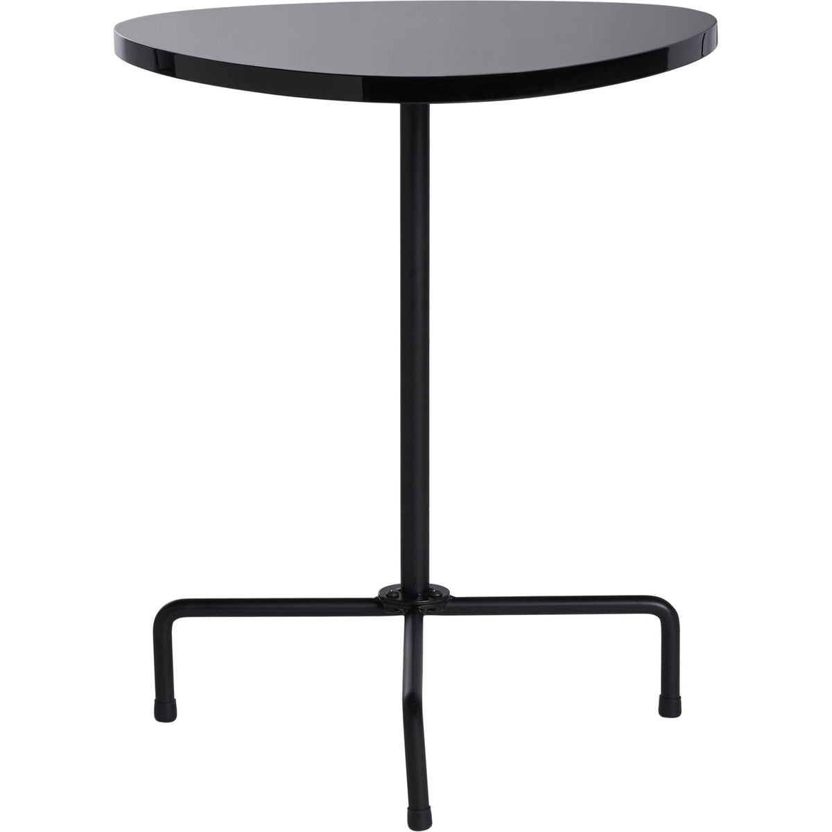 Glossy black tabletop rests on a slender post and three splayed iron legs. || ACC4207B || front_studio