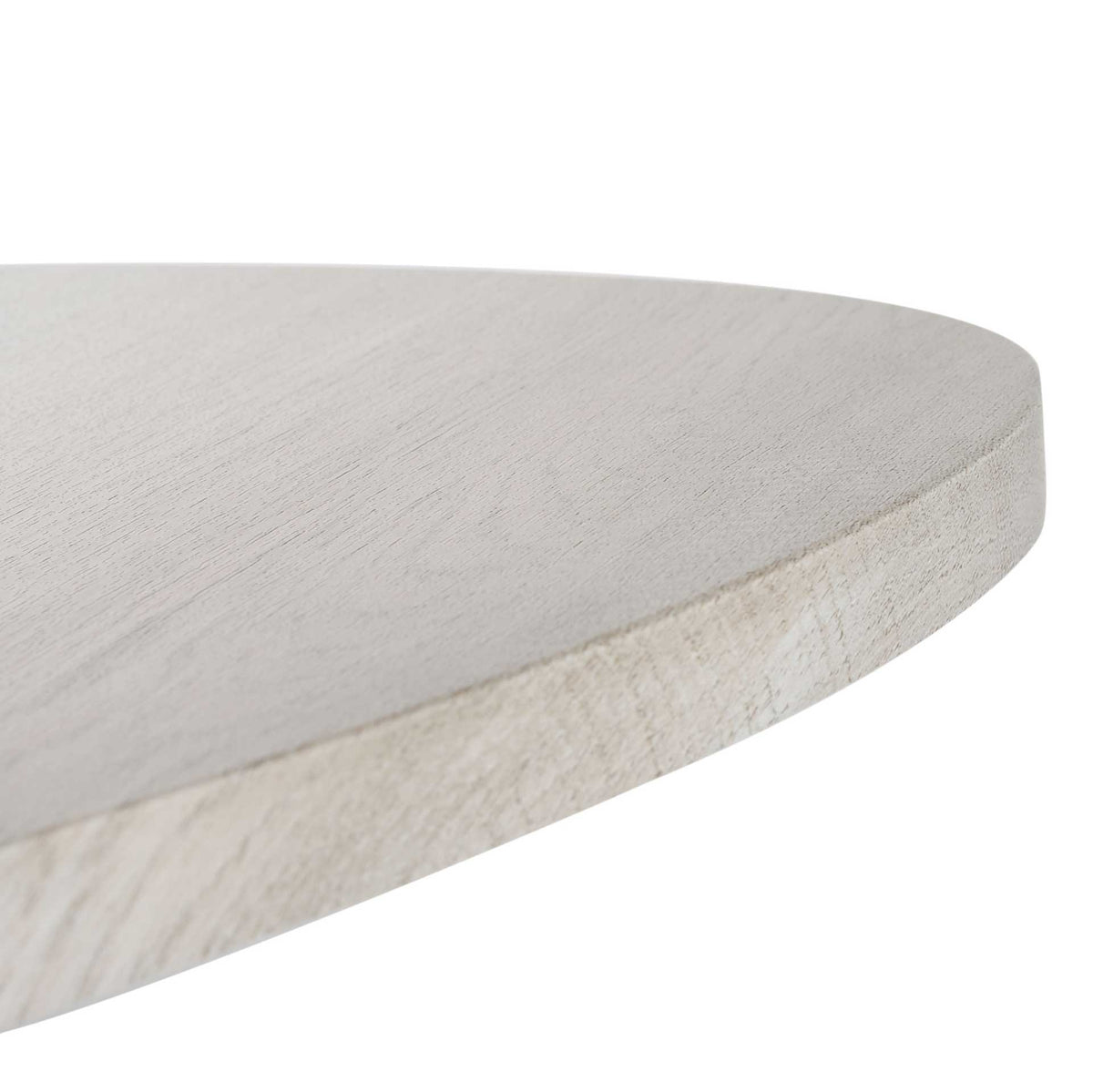 Fine gray oak wood grain extends across the curved tabletop edge.