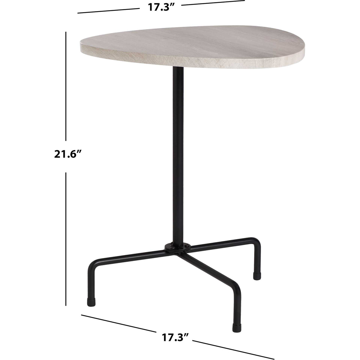 Light gray tripod side table measures 17.3 inches across and 21.6 inches high.