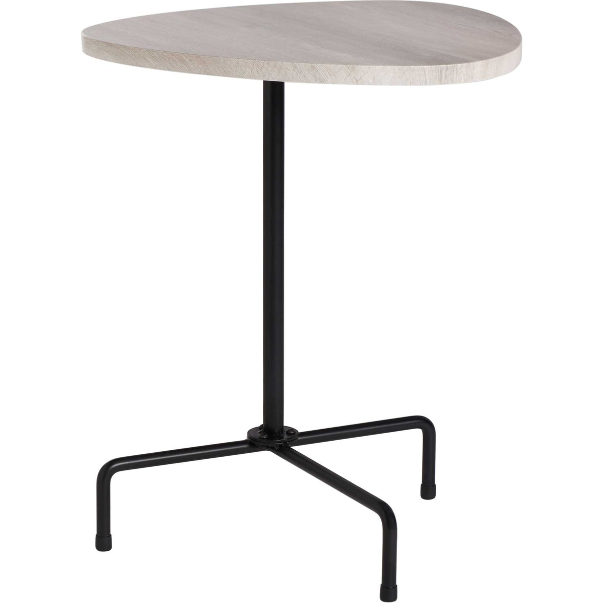 Soft gray wood grain adds warmth to a sculpted top above three splayed black legs. || ACC4207C || front_angle_studio