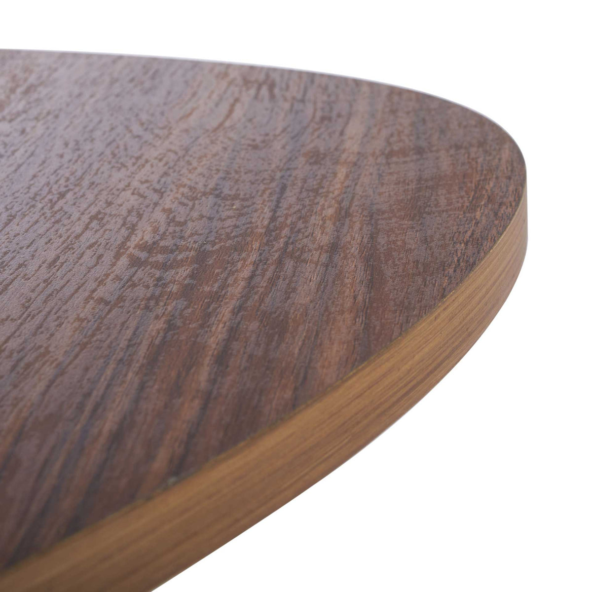 Expressive walnut wood grain and a rounded edge define the tabletop.