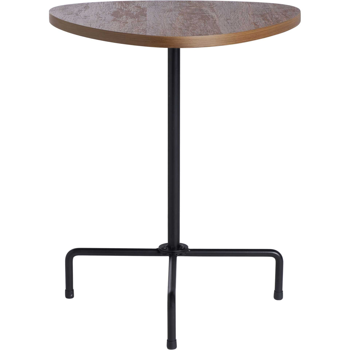 Walnut veneer tabletop brings rich wood grain to a slim black iron tripod base. || ACC4207D || front_studio
