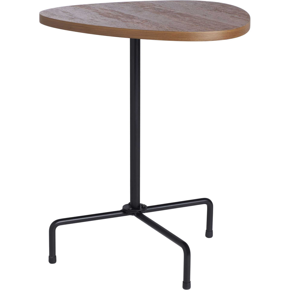 Warm walnut finish tops a lean pedestal and three bent iron legs. || ACC4207D || front_angle_studio