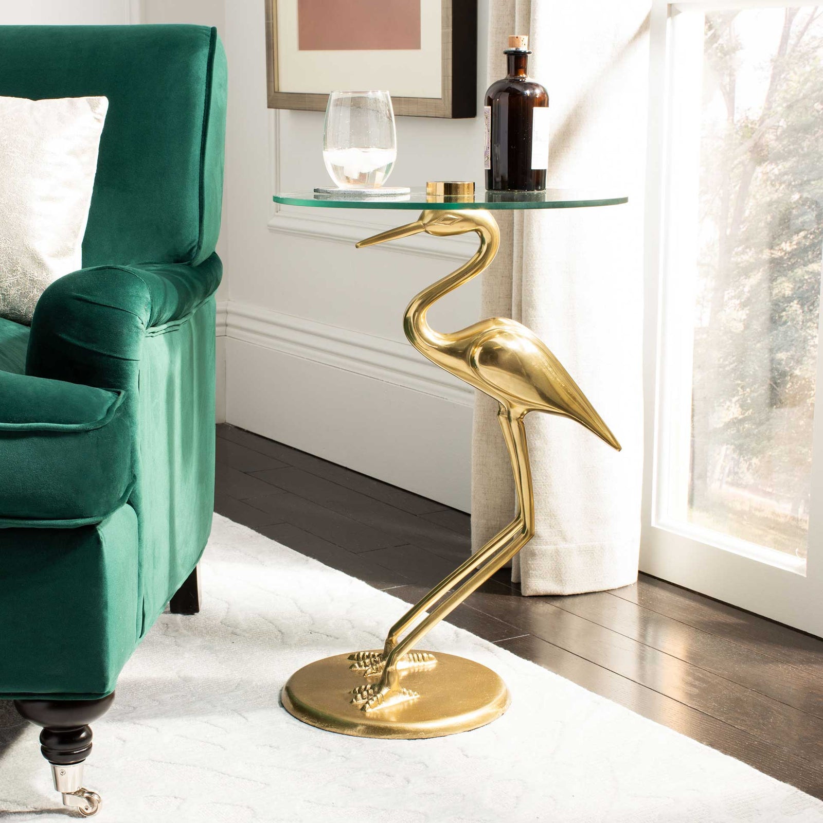 Tourmaline Crane Base Accent Table Glass Top/Gold
