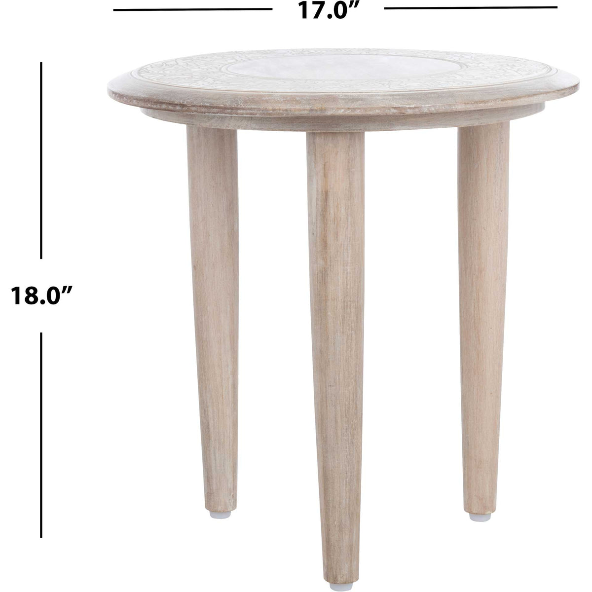 The round, carved side table measures 17 inches across and stands 18 inches tall.
