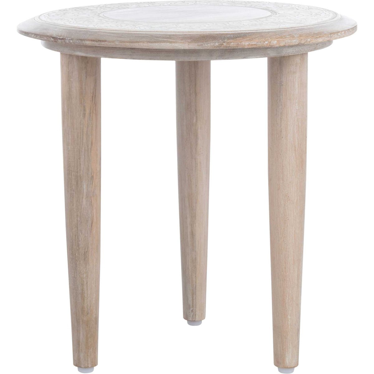 A carved round tabletop and three slender legs give this whitewashed wood table its charm. || ACC5300A || front_studio