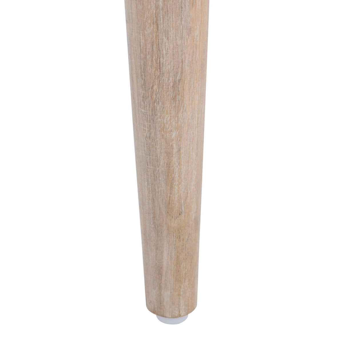 A gently tapered wood leg highlights natural grain beneath its whitewashed finish.