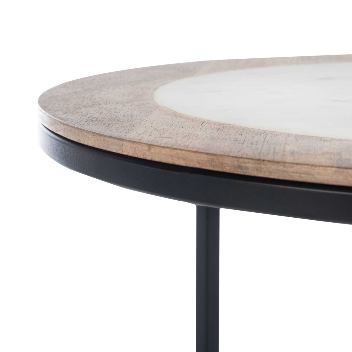 A warm wood rim and white marble center sit atop a slim black metal edge
