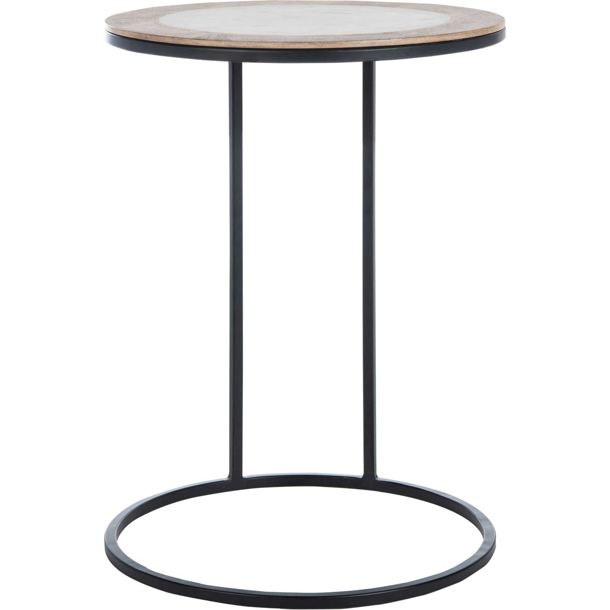 Round side table blends white marble, warm wood grain and slender black metal supports || ACC5301B || front_studio