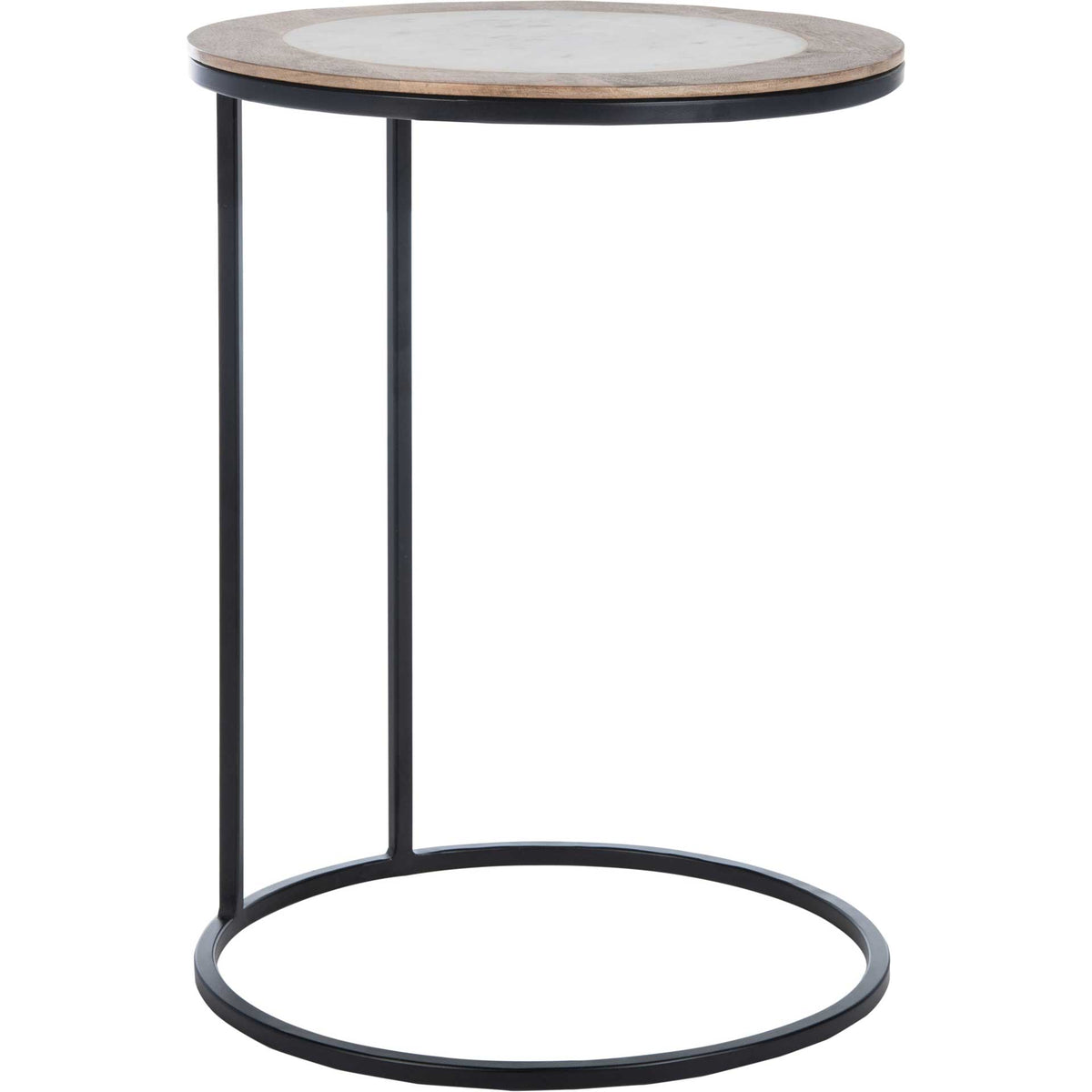A white marble tabletop and natural wood rim hover above an open black metal ring base || ACC5301B || side_studio