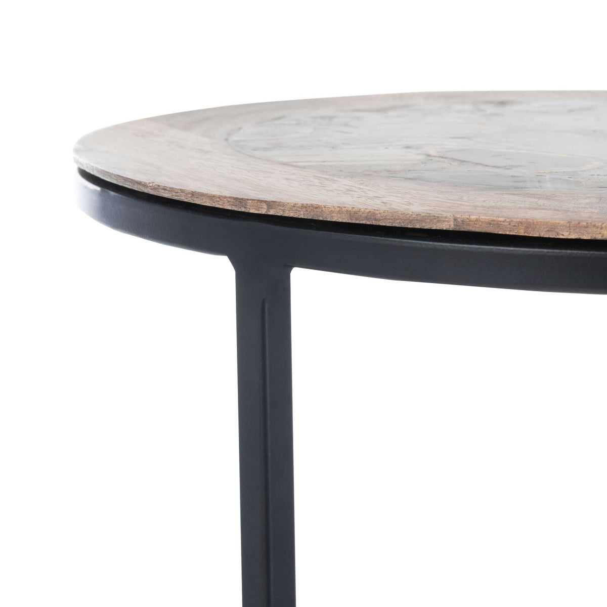 A wood-edged agate tabletop sits above a slim black metal frame and leg.